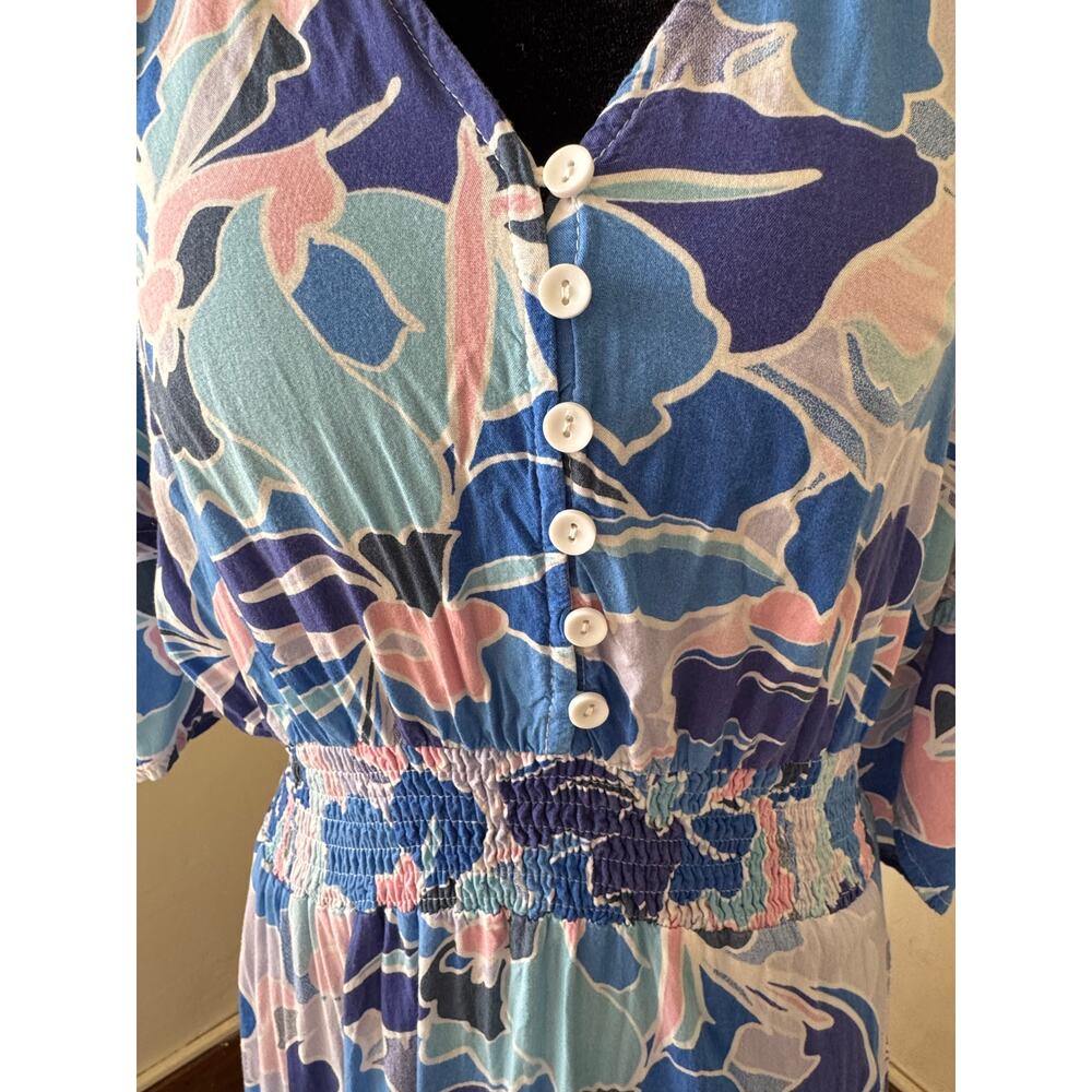 Abel The Label Blue Floral Maxi Dress Smocked Waist Button Front Boho M - Picture 9 of 10